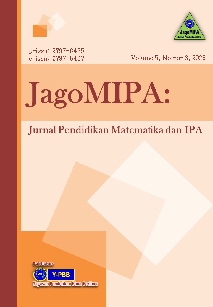 					View Vol. 5 No. 3 (2025): JagoMIPA: Jurnal Pendidikan Matematika dan IPA
				